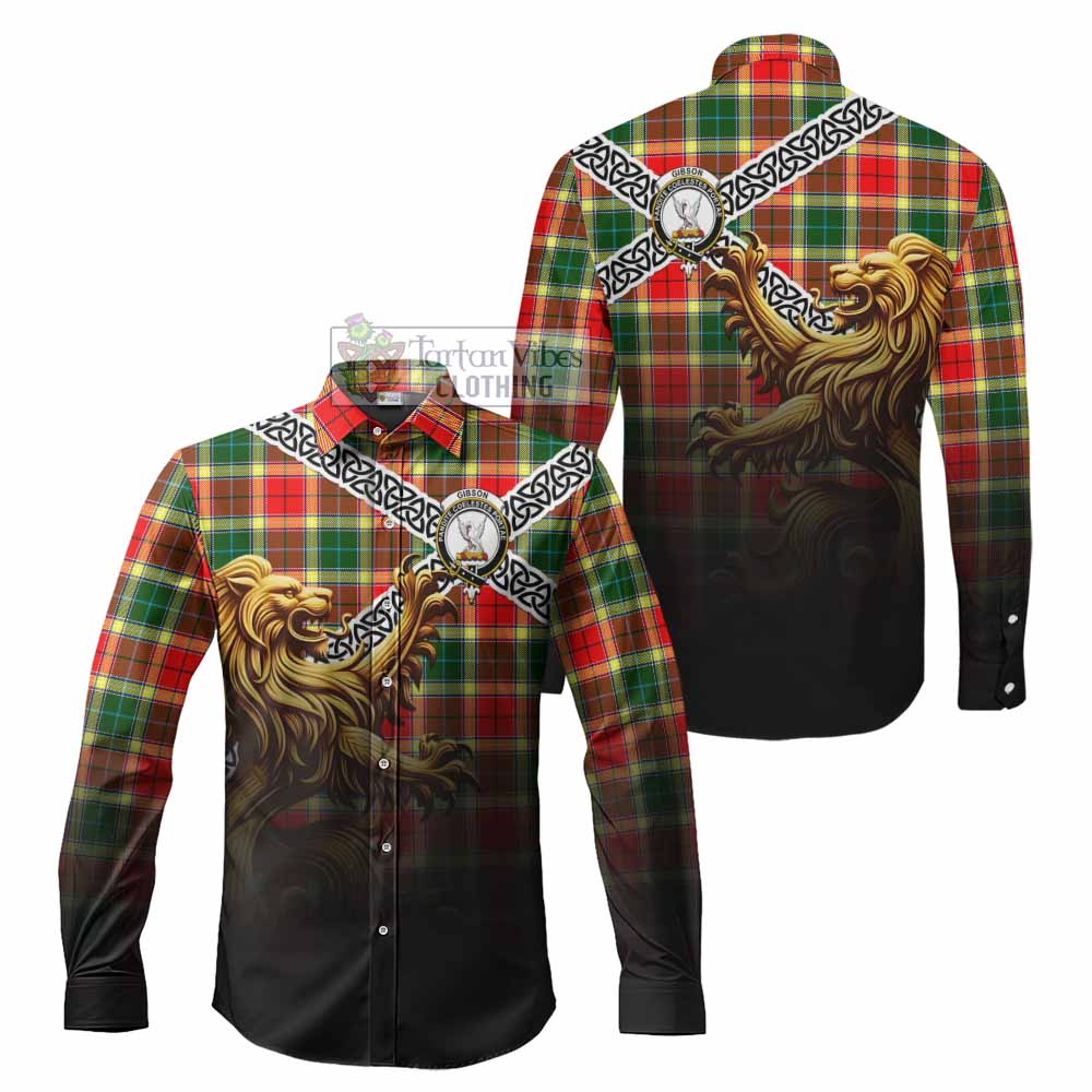 Tartan Vibes Clothing Gibson (Gibbs or Gibsone) Crest Tartan Long Sleeve Button Shirt with Golden Lion Emblem Celtic Style