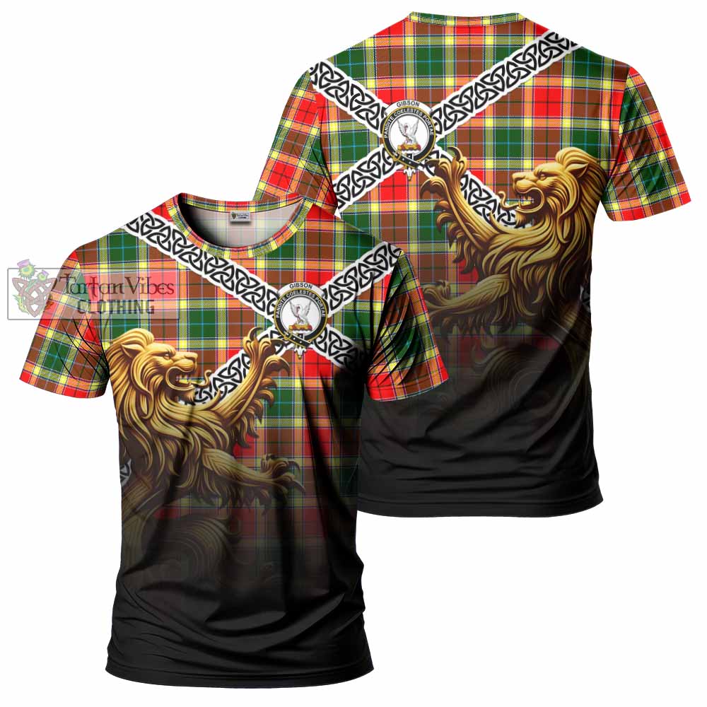 Tartan Vibes Clothing Gibson (Gibbs or Gibsone) Crest Tartan T-Shirt with Golden Lion Emblem Celtic Style