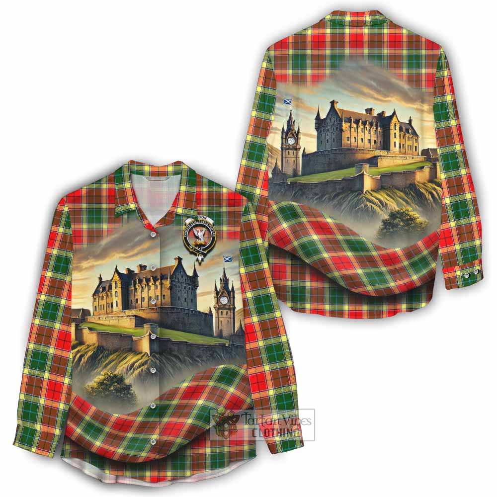 Tartan Vibes Clothing Gibson (Gibbs or Gibsone) Tartan Family Crest Women's Casual Shirt with Scottish Ancient Castle Style