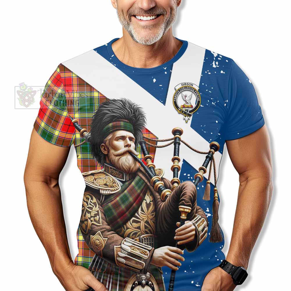 Tartan Vibes Clothing Gibson (Gibbs or Gibsone) Tartan T-Shirt with Family Crest Scottish Bagpiper Vibes