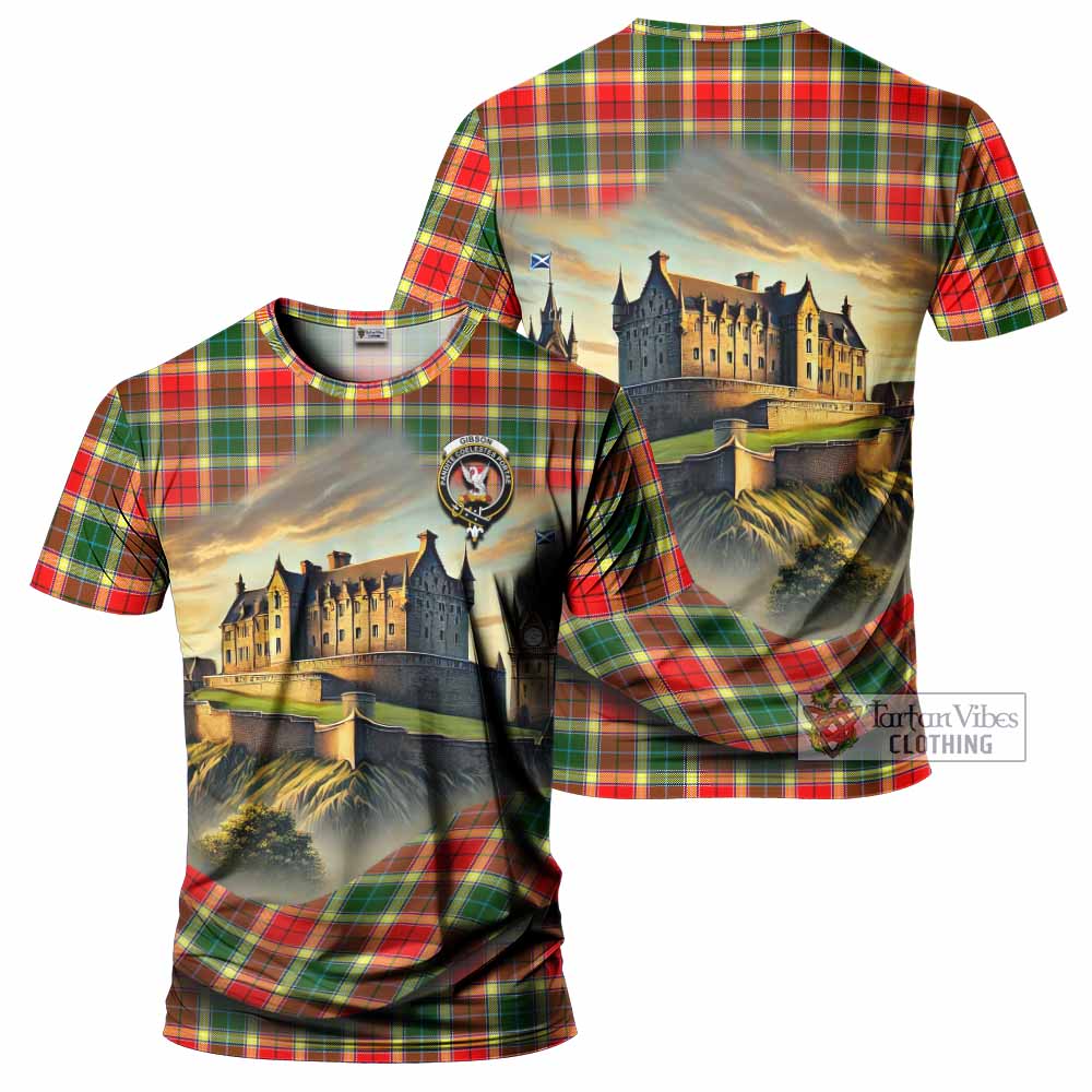 Tartan Vibes Clothing Gibson (Gibbs or Gibsone) Tartan Family Crest T-Shirt with Scottish Ancient Castle Stype