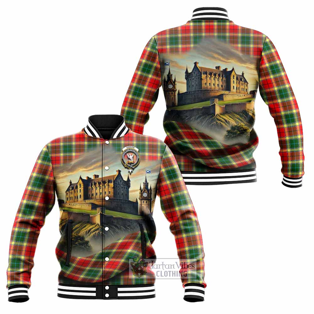 Gibson (Gibbs or Gibsone) Tartan Family Crest Baseball Jacket with Scottish Ancient Castle Style - Tartan Vibes Clothing