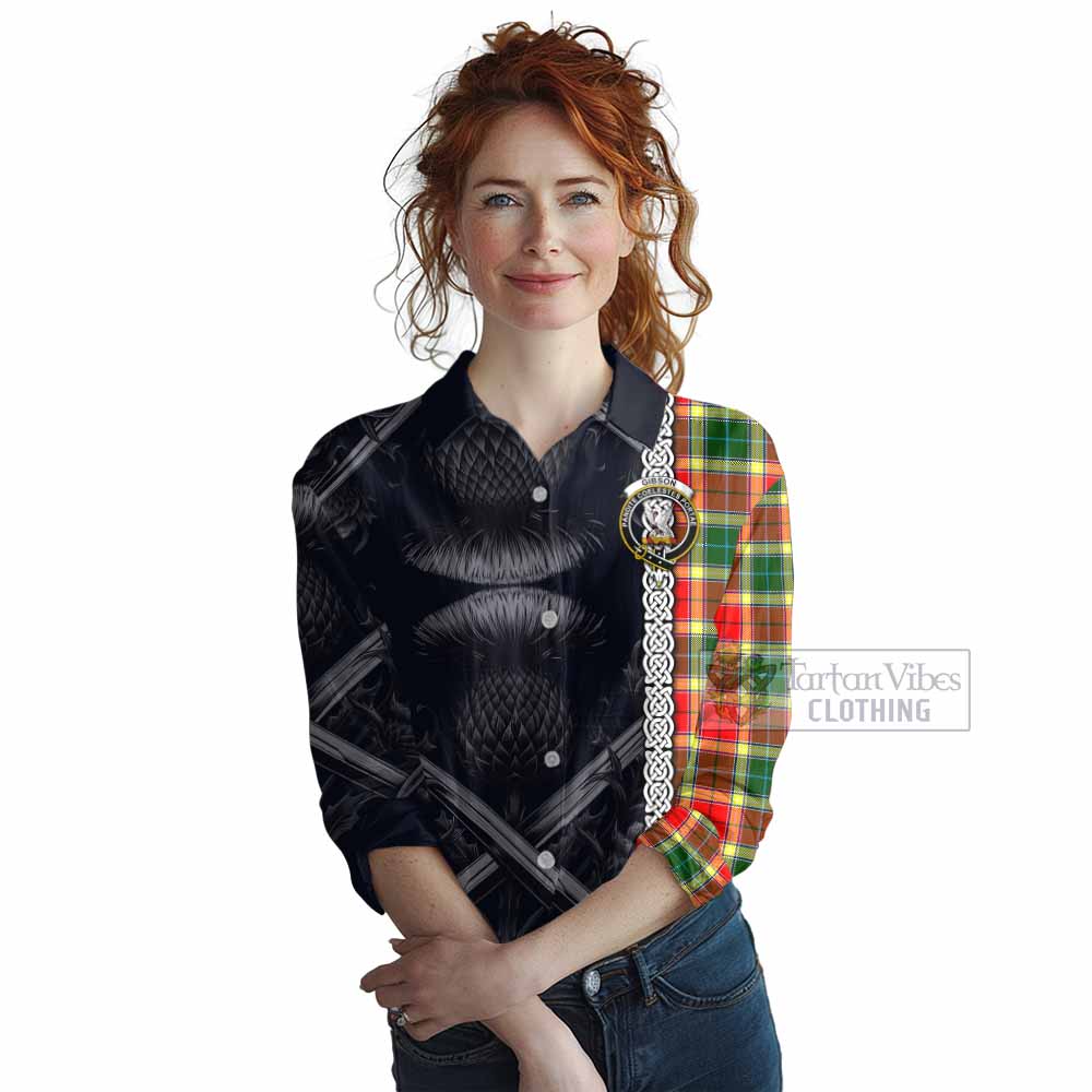 Tartan Vibes Clothing Gibson (Gibbs or Gibsone) Tartan Women's Casual Shirt with Family Crest Cross Sword Thistle Celtic Vibes