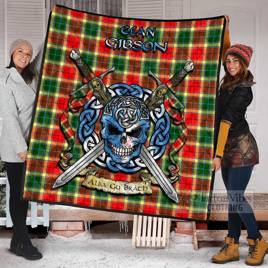 Gibson (Gibbs or Gibsone) Tartan Quilt with Celtic Skull Alba Gu Brath Style - Tartan Vibes Clothing