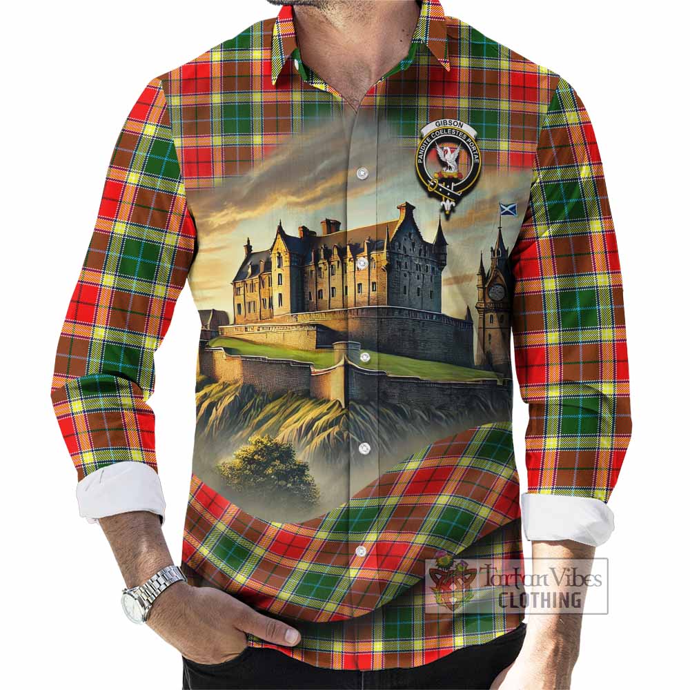 Tartan Vibes Clothing Gibson (Gibbs or Gibsone) Tartan Family Crest Long Sleeve Button Shirt with Scottish Ancient Castle Style