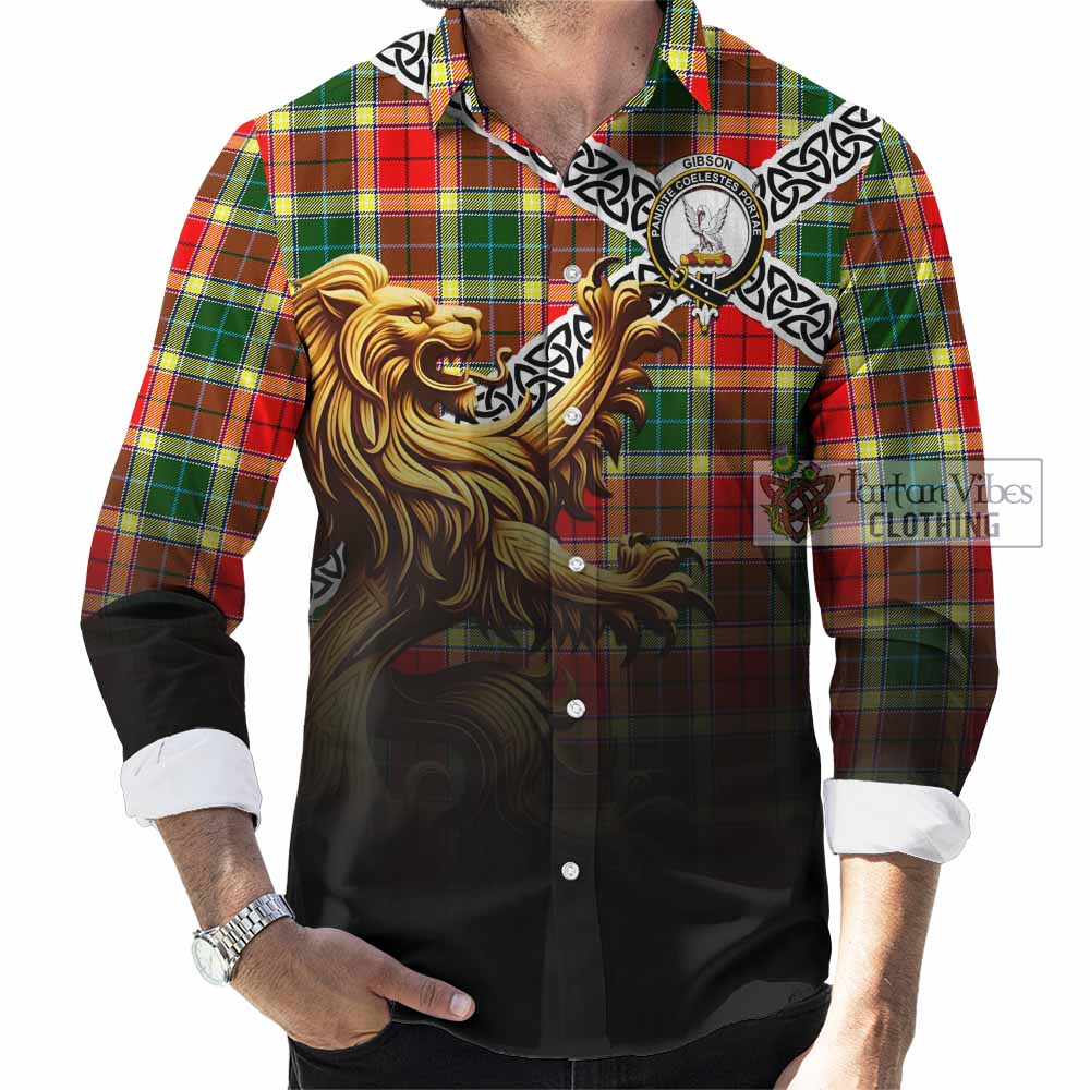 Tartan Vibes Clothing Gibson (Gibbs or Gibsone) Crest Tartan Long Sleeve Button Shirt with Golden Lion Emblem Celtic Style