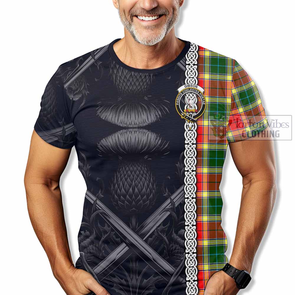 Tartan Vibes Clothing Gibson (Gibbs or Gibsone) Tartan T-Shirt with Family Crest Cross Sword Thistle Celtic Vibes