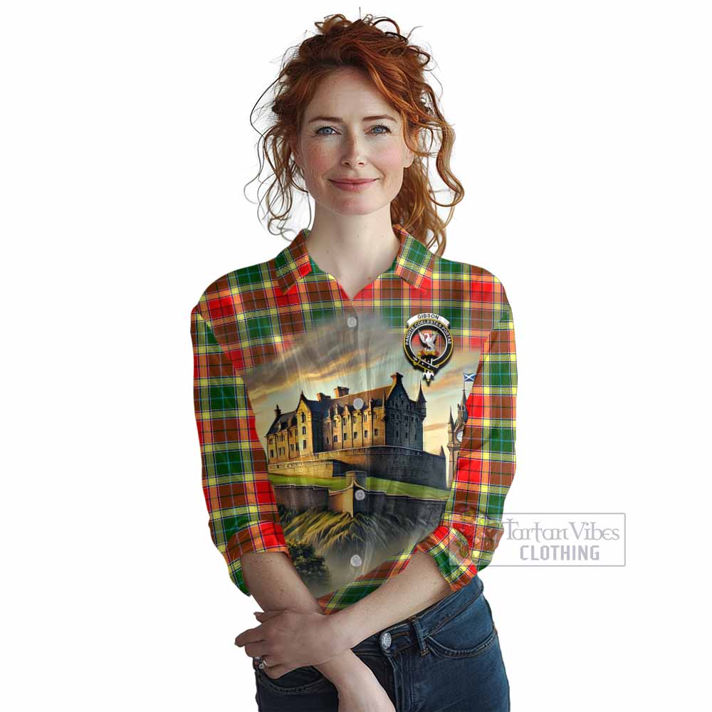 Tartan Vibes Clothing Gibson (Gibbs or Gibsone) Tartan Family Crest Women's Casual Shirt with Scottish Ancient Castle Style