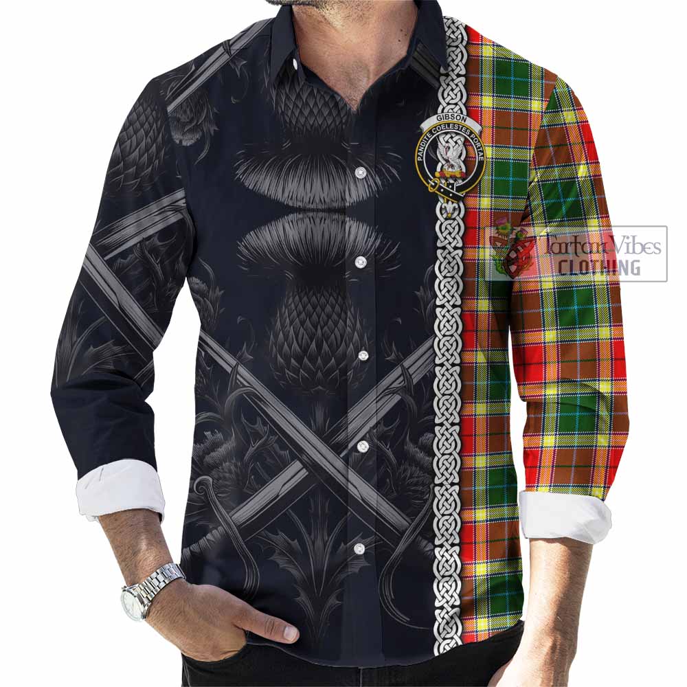 Tartan Vibes Clothing Gibson (Gibbs or Gibsone) Tartan Long Sleeve Button Shirt with Family Crest Cross Sword Thistle Celtic Vibes