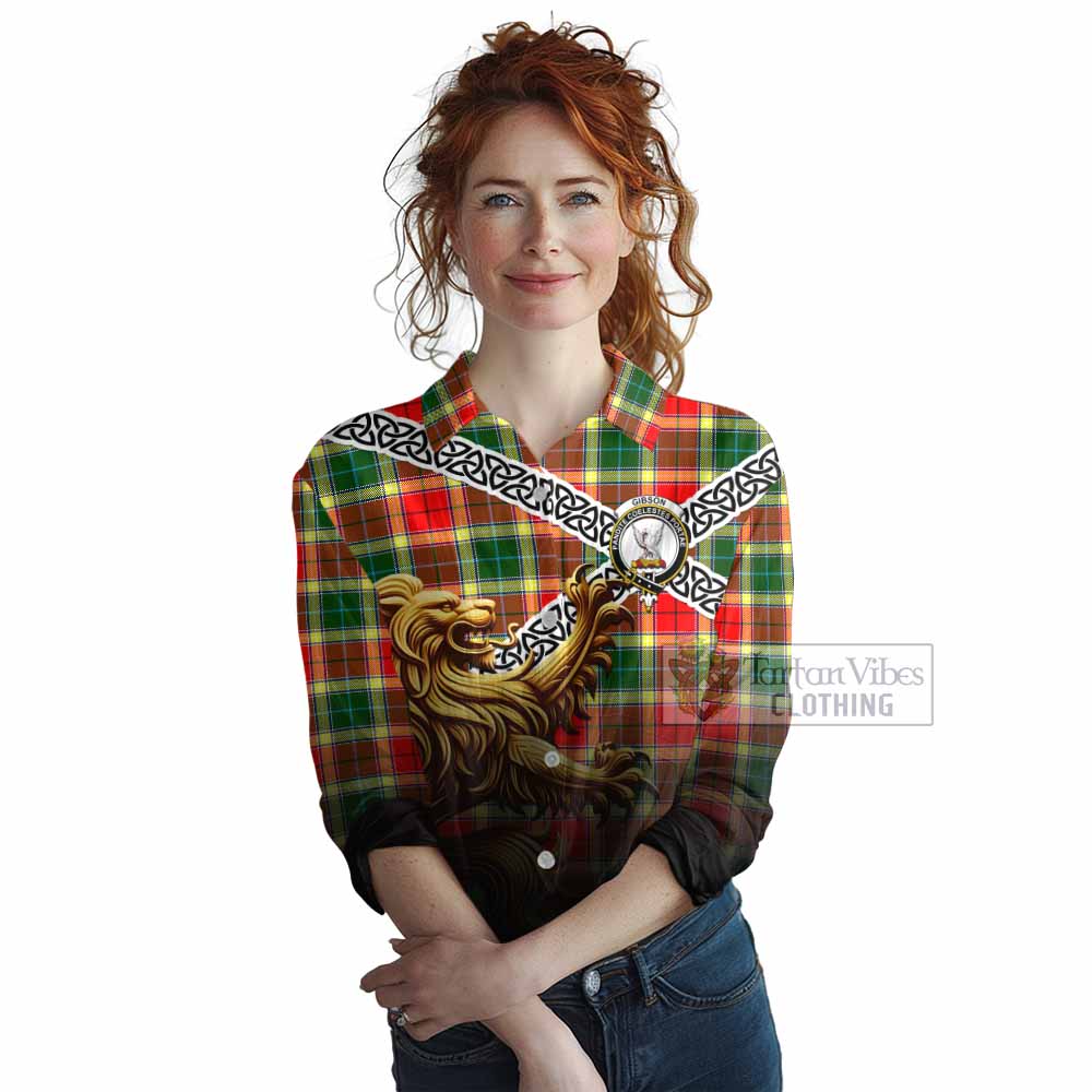 Tartan Vibes Clothing Gibson (Gibbs or Gibsone) Crest Tartan Women's Casual Shirt with Golden Lion Emblem Celtic Style