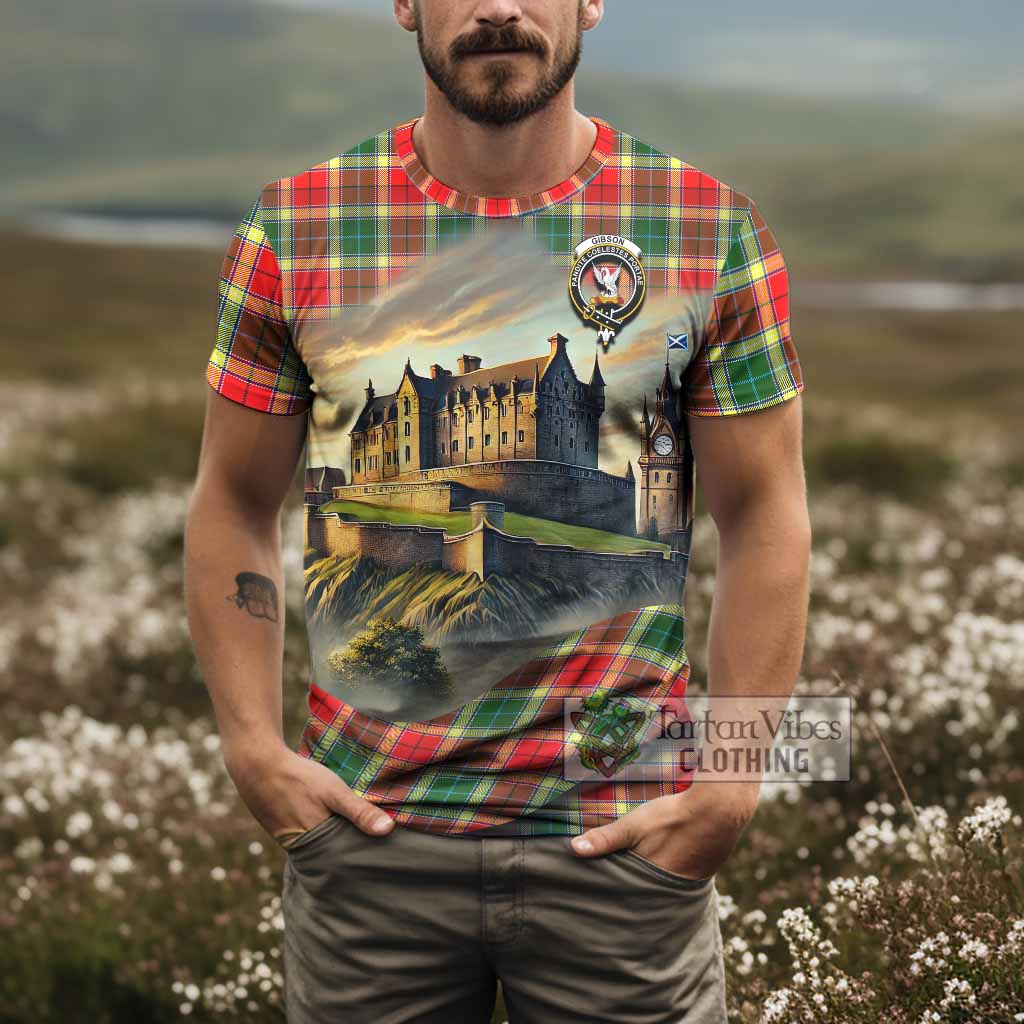 Tartan Vibes Clothing Gibson (Gibbs or Gibsone) Tartan Family Crest T-Shirt with Scottish Ancient Castle Stype