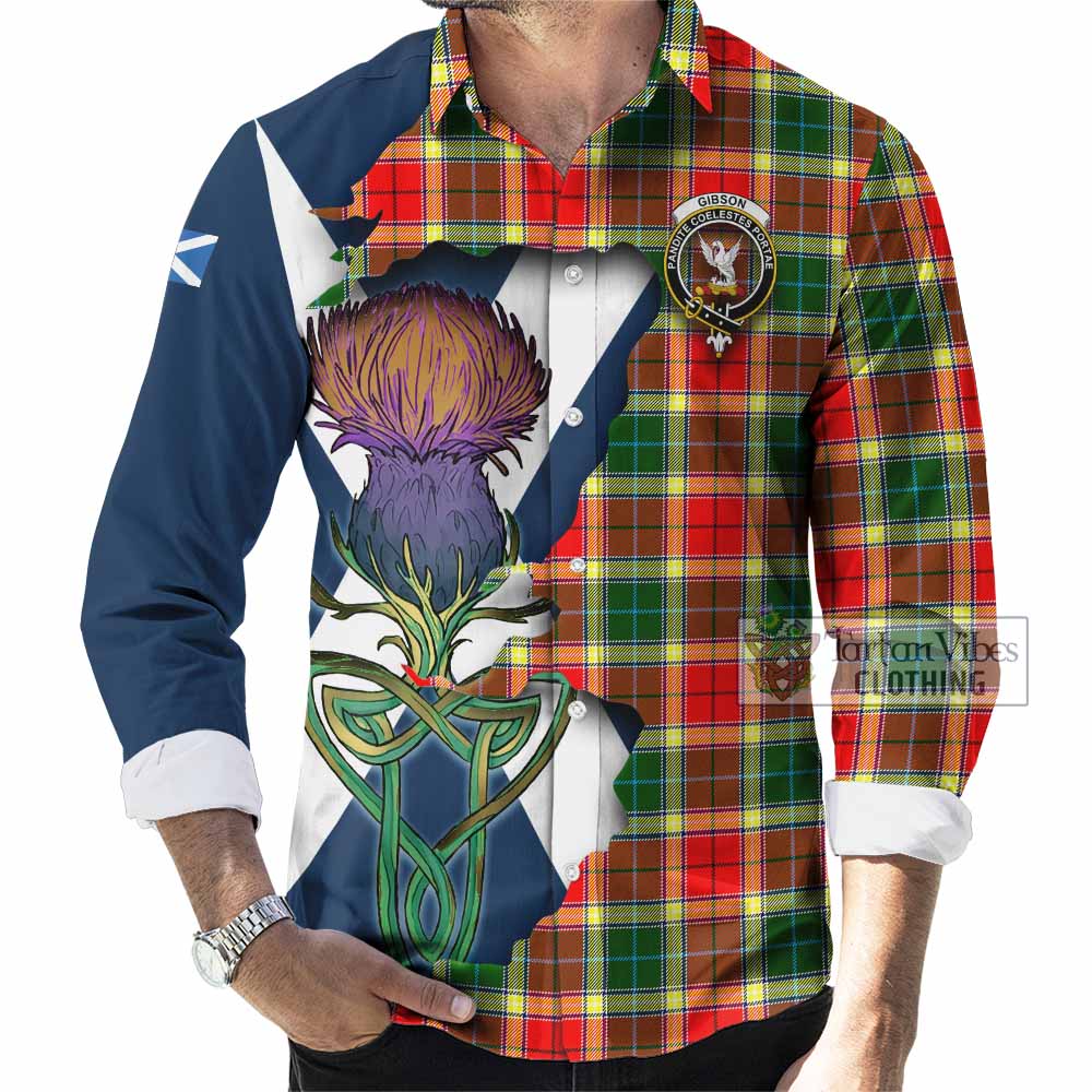 Tartan Vibes Clothing Gibson (Gibbs or Gibsone) Tartan Family Crest Long Sleeve Button Shirt Scottish Thistle Celtic Inspired