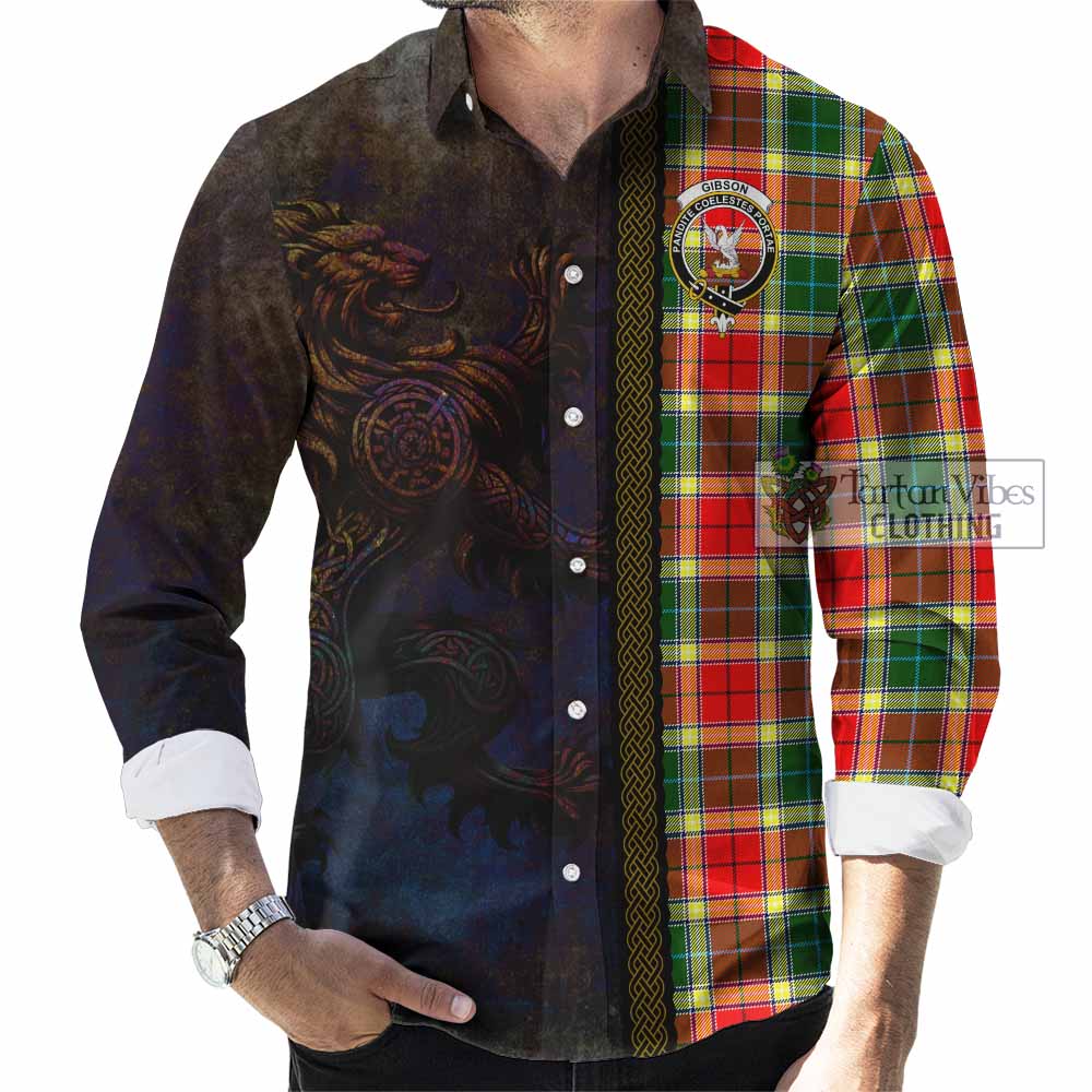 Tartan Vibes Clothing Gibson (Gibbs or Gibsone) Tartan Family Crest Long Sleeve Button Shirt Alba Gu Brath Be Brave Lion Ancient Style