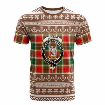 Gibson (Gibbs or Gibsone) Clan Tartan Christmas Cotton T-shirt with Family Crest