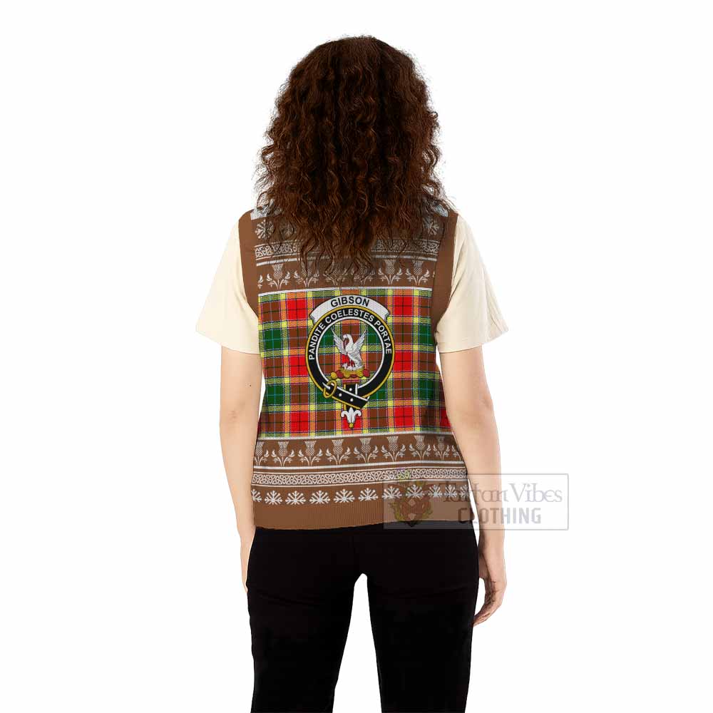Gibson (Gibbs or Gibsone) Clan Tartan Christmas Knitted V-Neck Vest with Family Crest - Tartan Vibes Clothing