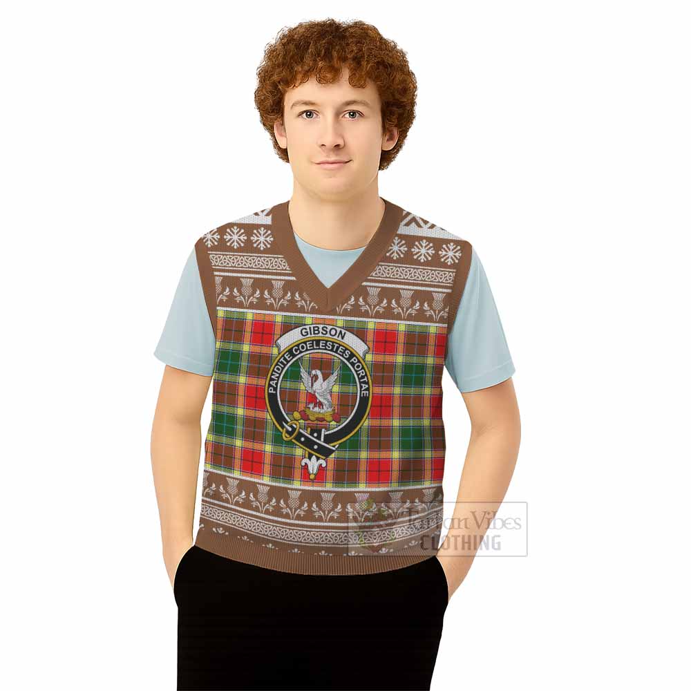 Gibson (Gibbs or Gibsone) Clan Tartan Christmas Knitted V-Neck Vest with Family Crest - Tartan Vibes Clothing