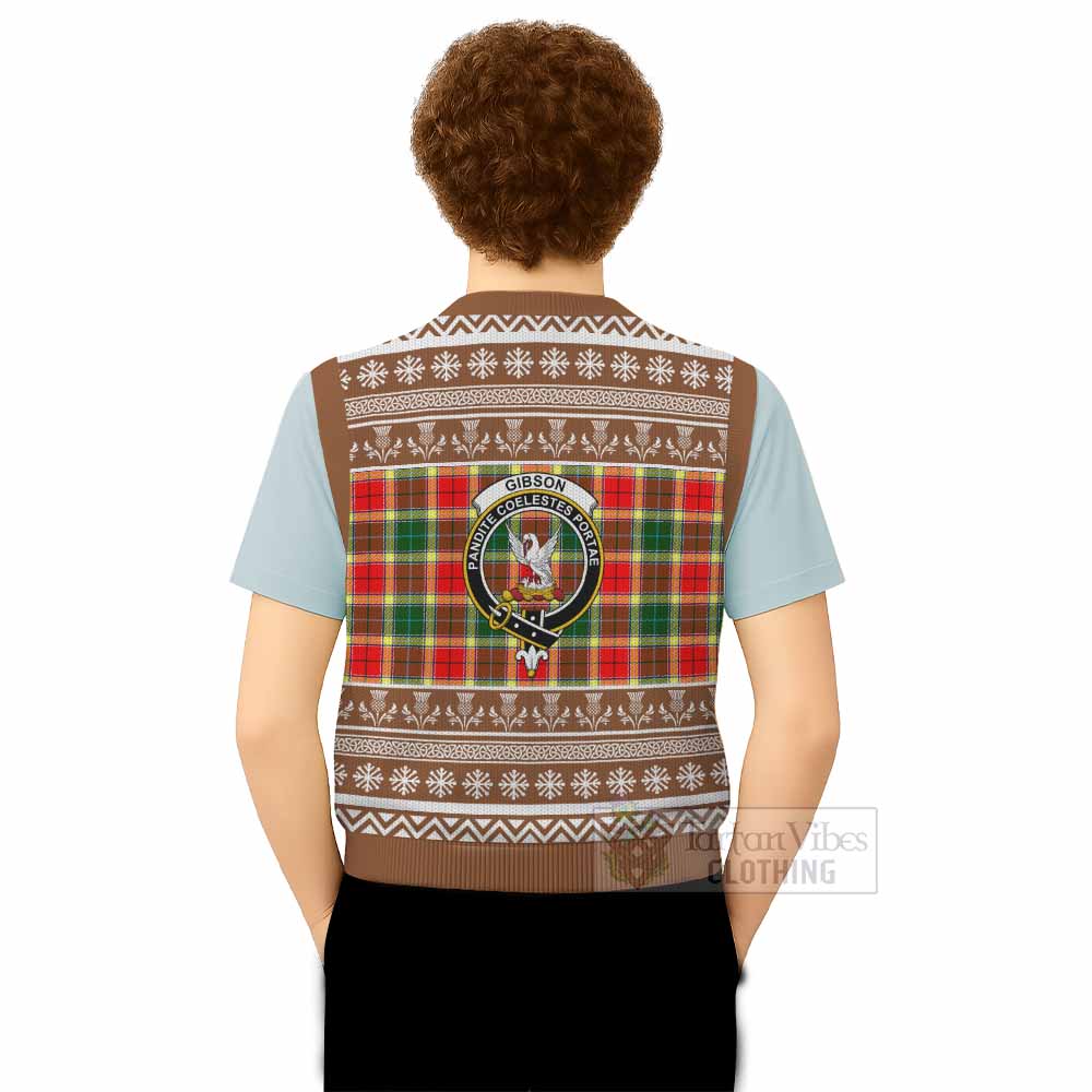 Gibson (Gibbs or Gibsone) Clan Tartan Christmas Knitted V-Neck Vest with Family Crest - Tartan Vibes Clothing