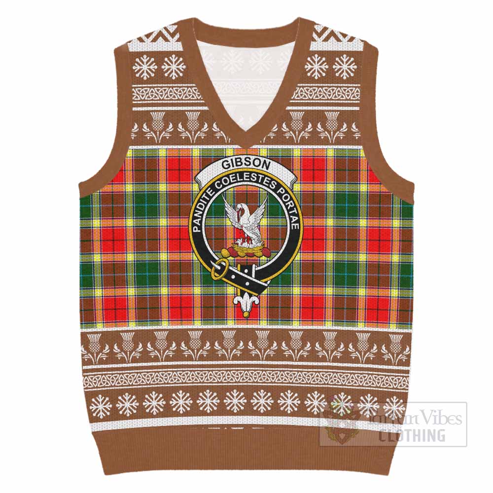 Gibson (Gibbs or Gibsone) Clan Tartan Christmas Knitted V-Neck Vest with Family Crest - Tartan Vibes Clothing