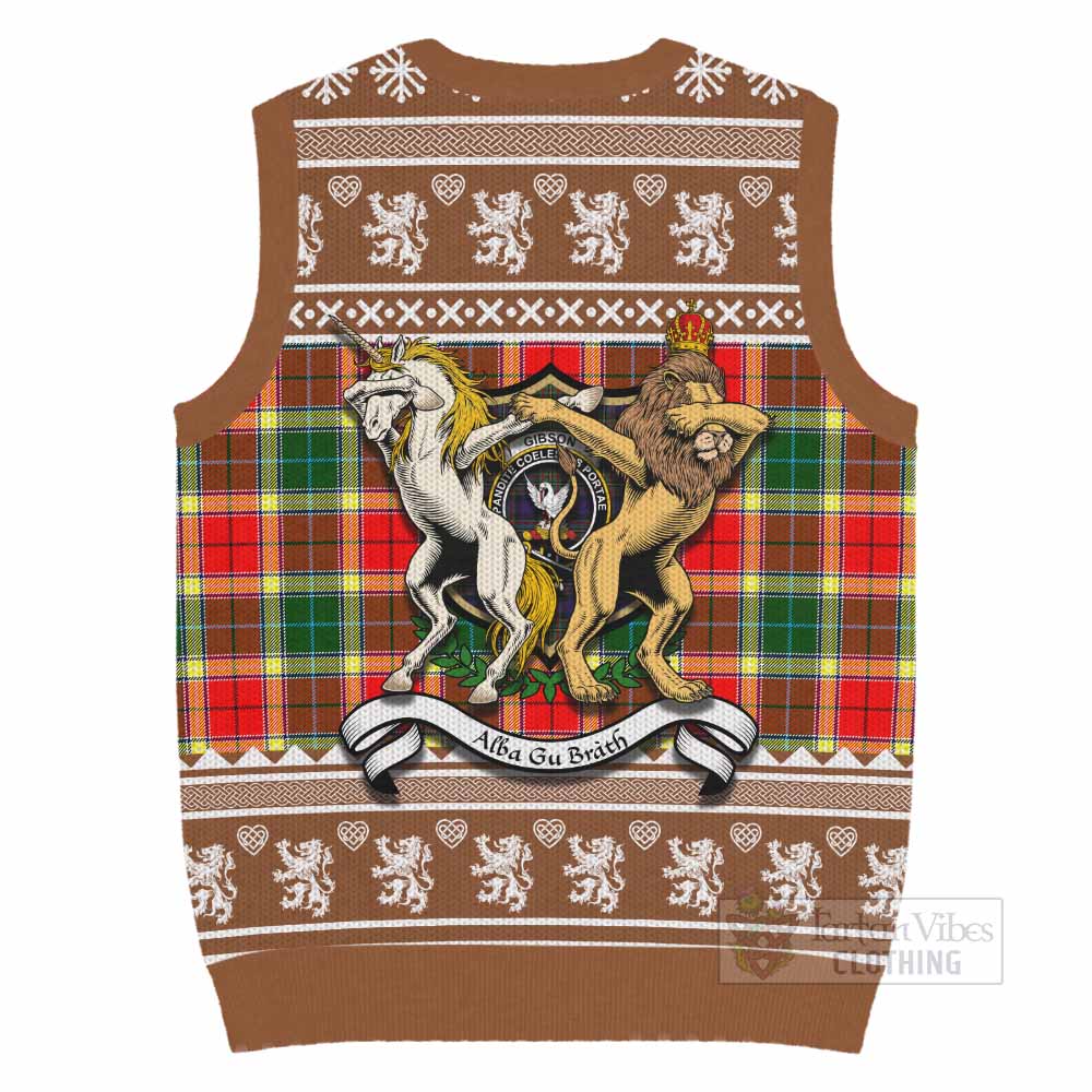 Gibson (Gibbs or Gibsone) Clan Tartan Crest Christmas Knitted V-Neck Vest Coat of Arms Funny Style - Tartan Vibes Clothing