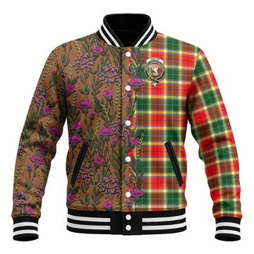 Gibson (Gibbs or Gibsone) Family Crest Tartan Baseball Jacket Scottish Thistle Flower Pattern Half Style - Tartan Vibes Clothing