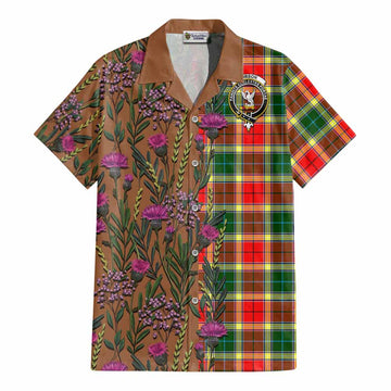 Gibson (Gibbs or Gibsone) Family Crest Tartan Cotton Hawaiian Shirt Scottish Thistle Flower Pattern Half Style - Tartan Vibes Clothing