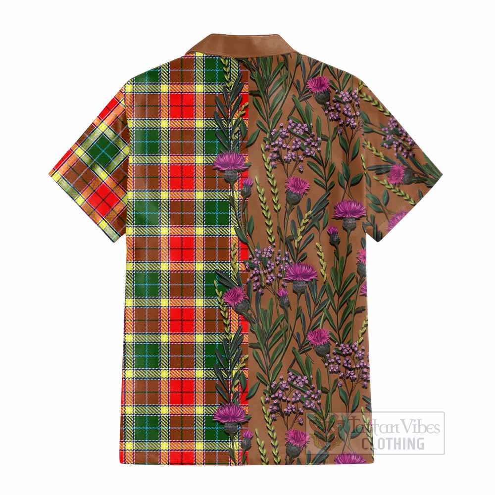 Gibson (Gibbs or Gibsone) Family Crest Tartan Cotton Hawaiian Shirt Scottish Thistle Flower Pattern Half Style - Tartan Vibes Clothing