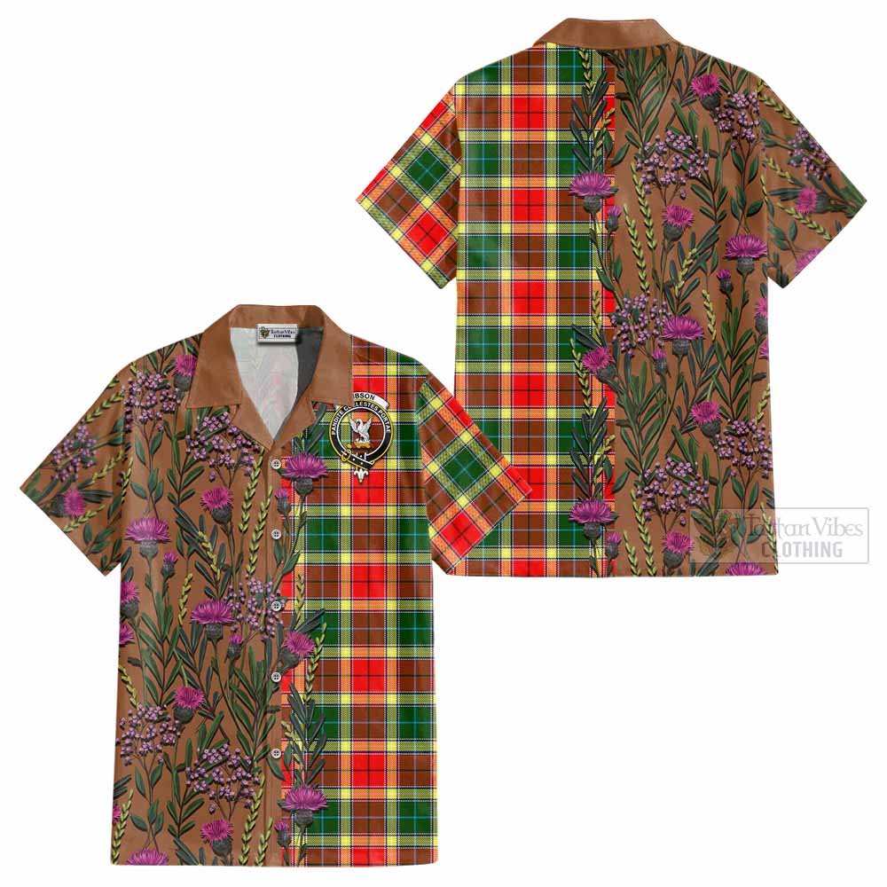 Gibson (Gibbs or Gibsone) Family Crest Tartan Cotton Hawaiian Shirt Scottish Thistle Flower Pattern Half Style - Tartan Vibes Clothing