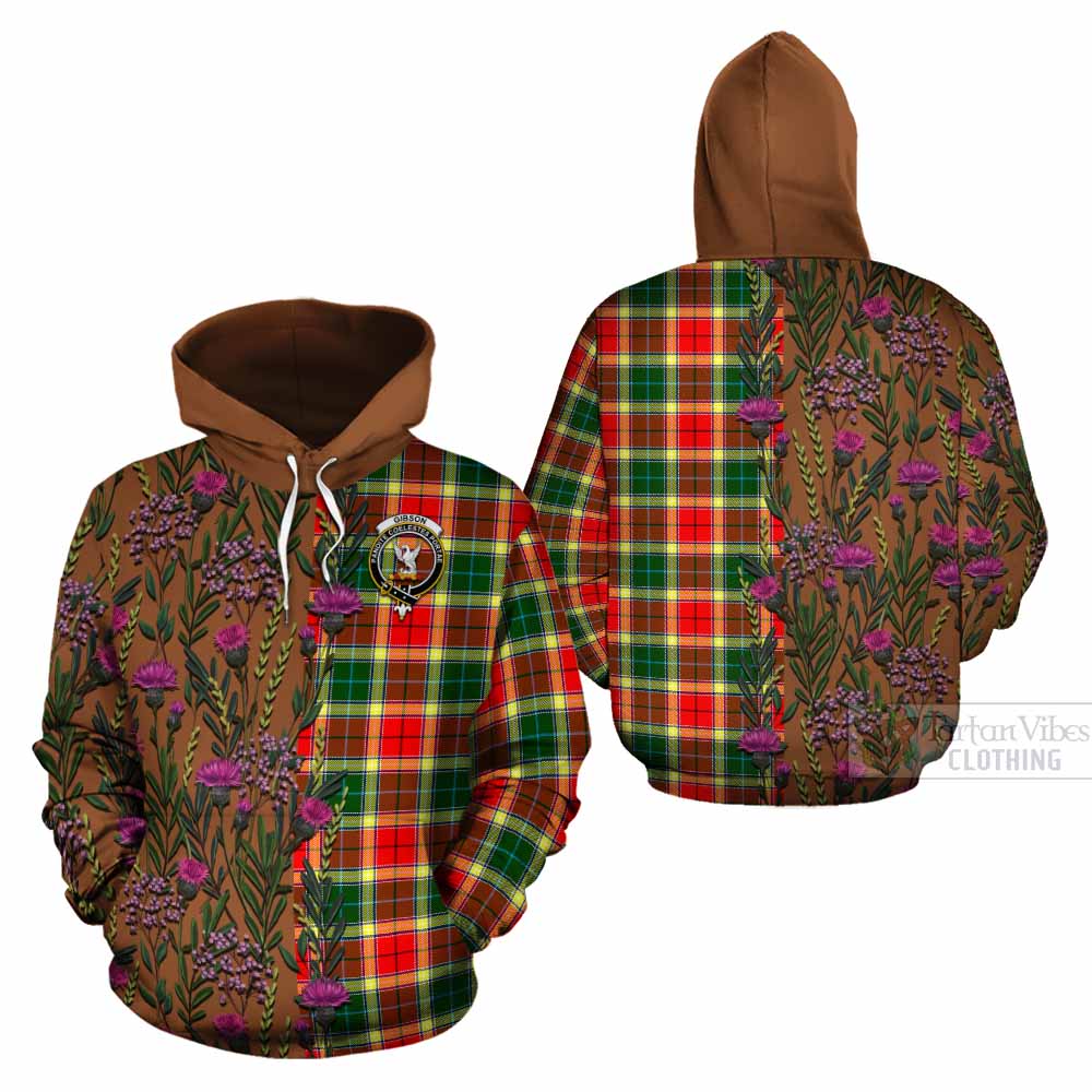 Gibson (Gibbs or Gibsone) Family Crest Tartan Cotton Hoodie Scottish Thistle Flower Pattern Half Style - Tartan Vibes Clothing