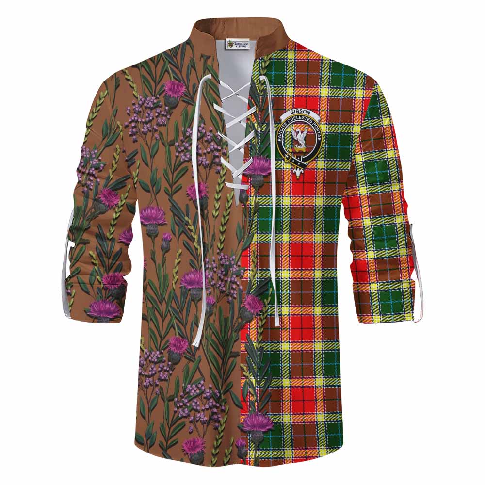 Gibson (Gibbs or Gibsone) Family Crest Tartan Ghillie Shirt Scottish Thistle Flower Pattern Half Style - Tartan Vibes Clothing