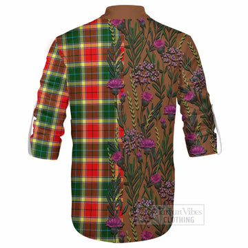 Gibson (Gibbs or Gibsone) Family Crest Tartan Ghillie Shirt Scottish Thistle Flower Pattern Half Style - Tartan Vibes Clothing