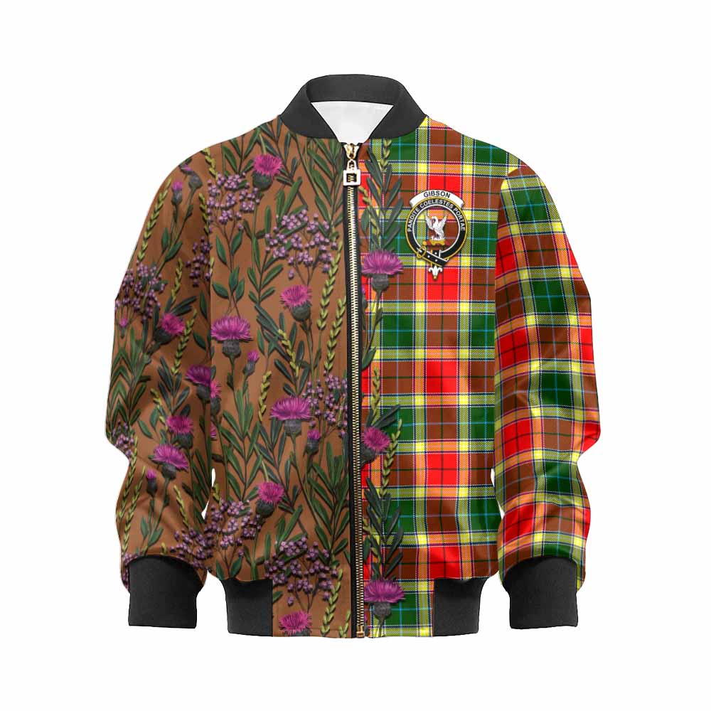 Gibson (Gibbs or Gibsone) Family Crest Tartan Kid Bomber Jacket Scottish Thistle Flower Pattern Half Style - Tartan Vibes Clothing
