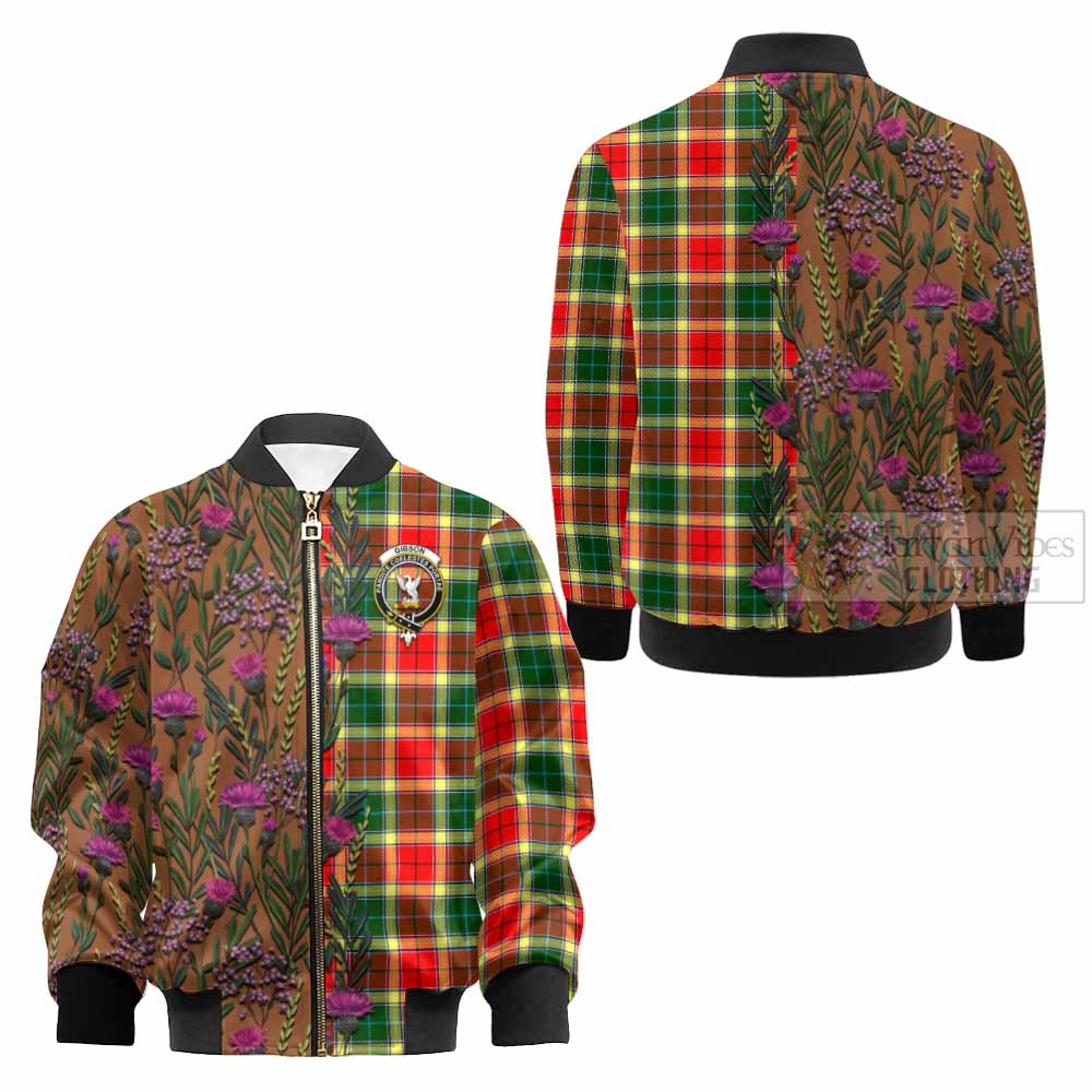 Gibson (Gibbs or Gibsone) Family Crest Tartan Kid Bomber Jacket Scottish Thistle Flower Pattern Half Style - Tartan Vibes Clothing