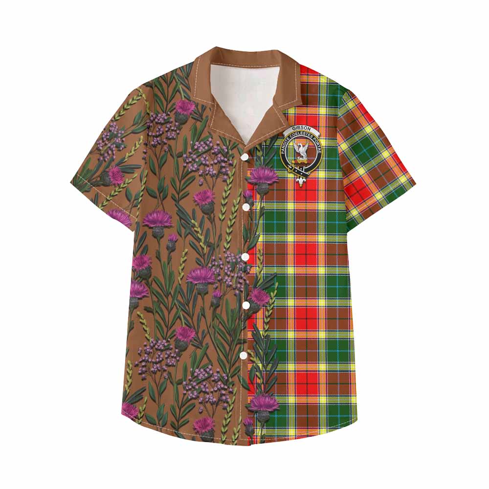 Gibson (Gibbs or Gibsone) Family Crest Tartan Kid Hawaiian Shirt Scottish Thistle Flower Pattern Half Style - Tartan Vibes Clothing