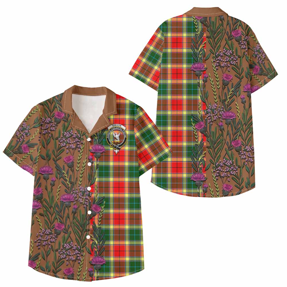 Gibson (Gibbs or Gibsone) Family Crest Tartan Kid Hawaiian Shirt Scottish Thistle Flower Pattern Half Style - Tartan Vibes Clothing