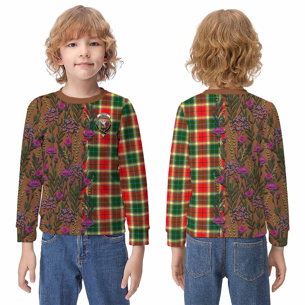 Gibson (Gibbs or Gibsone) Family Crest Tartan Kid Knitted Sweatshirt Scottish Thistle Flower Pattern Half Style - Tartan Vibes Clothing