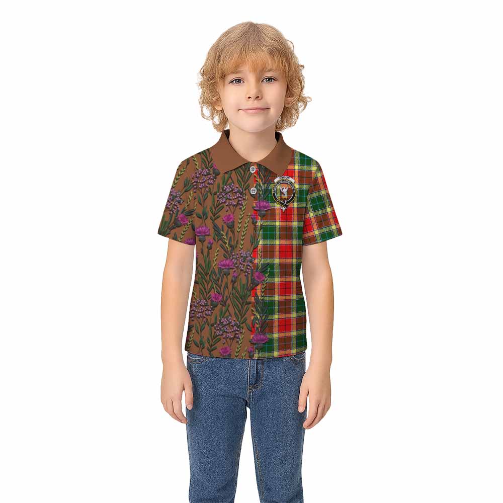 Gibson (Gibbs or Gibsone) Family Crest Tartan Kid Polo Shirt Scottish Thistle Flower Pattern Half Style - Tartan Vibes Clothing