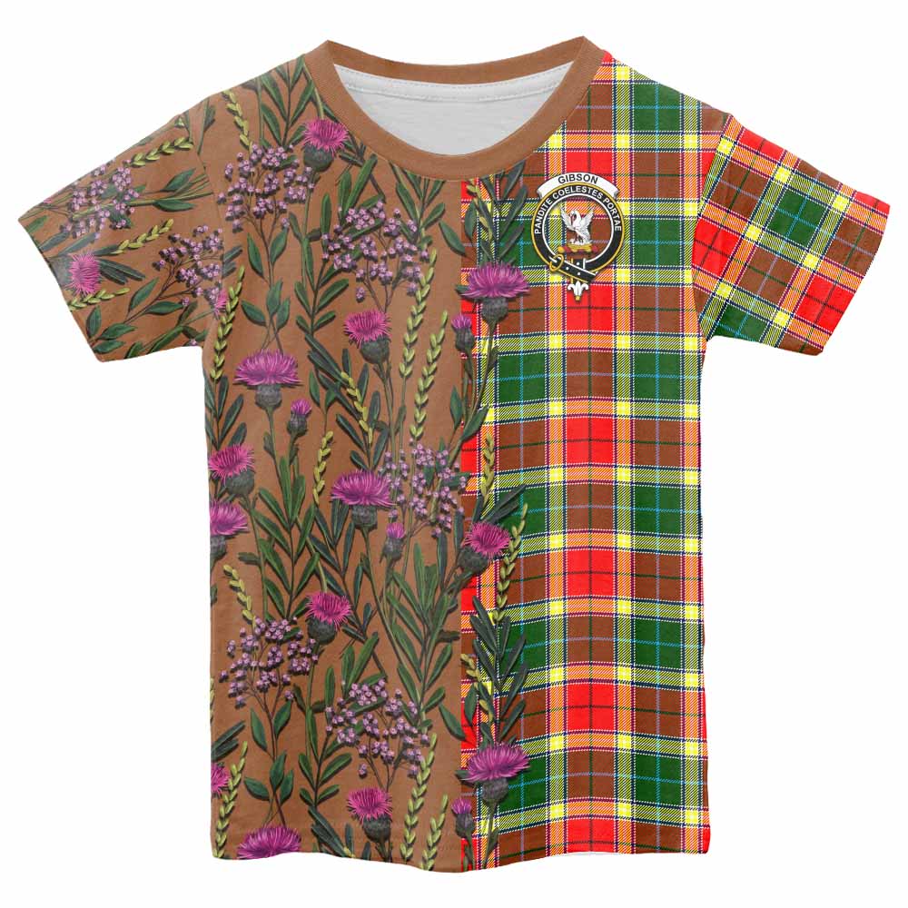 Gibson (Gibbs or Gibsone) Family Crest Tartan Kid T-shirt Scottish Thistle Flower Pattern Half Style - Tartan Vibes Clothing