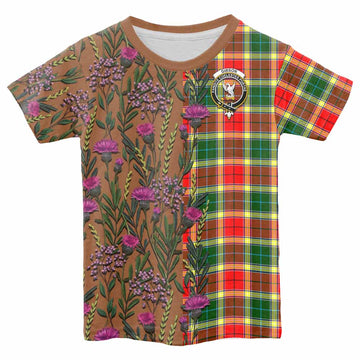 Gibson (Gibbs or Gibsone) Family Crest Tartan Kid T-shirt Scottish Thistle Flower Pattern Half Style - Tartan Vibes Clothing