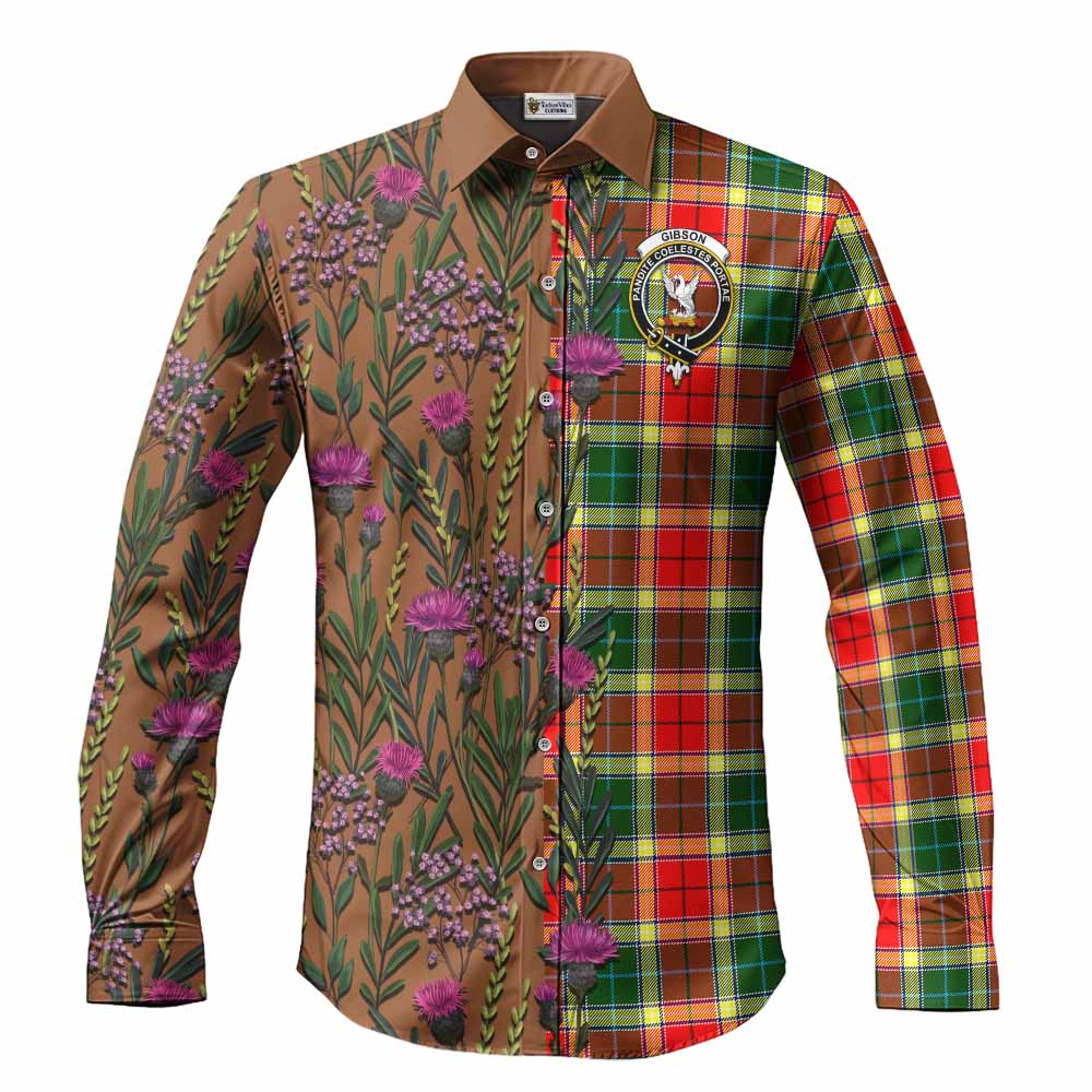 Gibson (Gibbs or Gibsone) Family Crest Tartan Long Sleeve Button Shirts Scottish Thistle Flower Pattern Half Style - Tartan Vibes Clothing