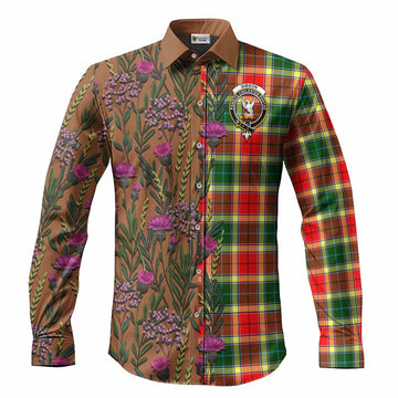 Gibson (Gibbs or Gibsone) Family Crest Tartan Long Sleeve Button Shirts Scottish Thistle Flower Pattern Half Style - Tartan Vibes Clothing