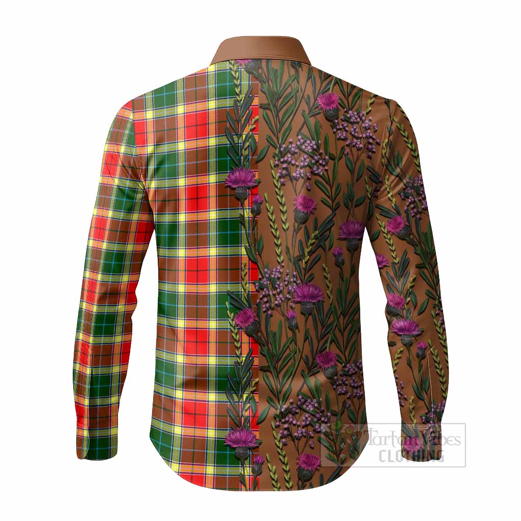 Gibson (Gibbs or Gibsone) Family Crest Tartan Long Sleeve Button Shirts Scottish Thistle Flower Pattern Half Style - Tartan Vibes Clothing