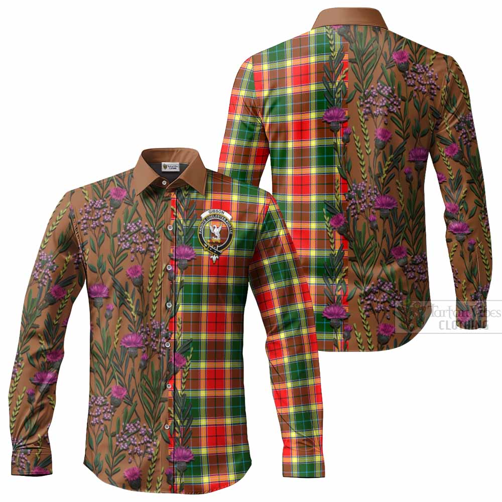 Gibson (Gibbs or Gibsone) Family Crest Tartan Long Sleeve Button Shirts Scottish Thistle Flower Pattern Half Style - Tartan Vibes Clothing