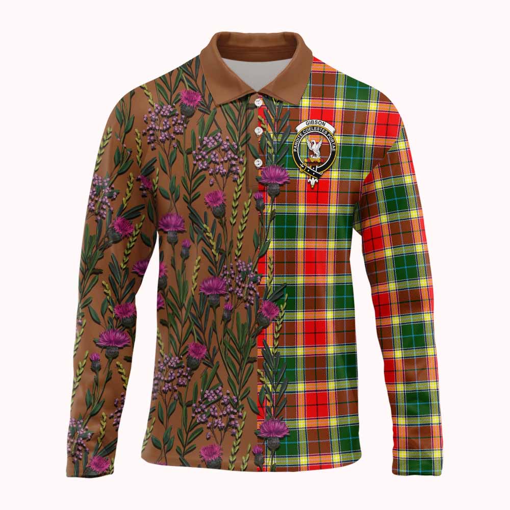 Gibson (Gibbs or Gibsone) Family Crest Tartan Long Sleeve Polo Shirt Scottish Thistle Flower Pattern Half Style - Tartan Vibes Clothing