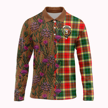 Gibson (Gibbs or Gibsone) Family Crest Tartan Long Sleeve Polo Shirt Scottish Thistle Flower Pattern Half Style - Tartan Vibes Clothing