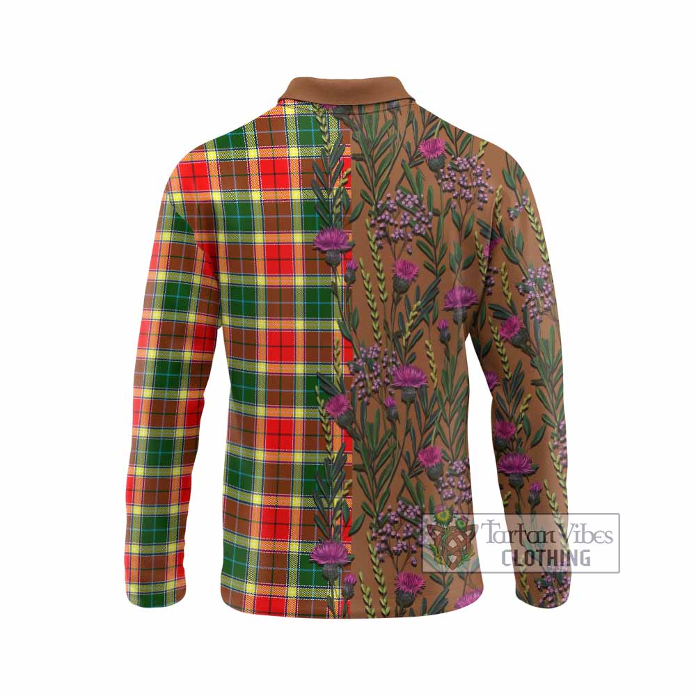 Gibson (Gibbs or Gibsone) Family Crest Tartan Long Sleeve Polo Shirt Scottish Thistle Flower Pattern Half Style - Tartan Vibes Clothing