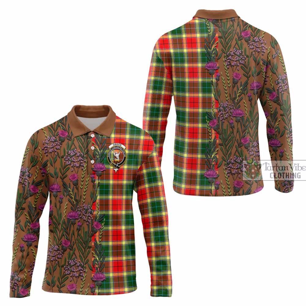 Gibson (Gibbs or Gibsone) Family Crest Tartan Long Sleeve Polo Shirt Scottish Thistle Flower Pattern Half Style - Tartan Vibes Clothing
