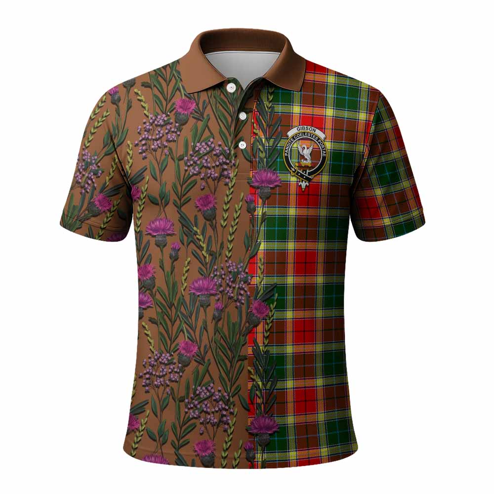 Gibson (Gibbs or Gibsone) Family Crest Tartan Polo Shirt Scottish Thistle Flower Pattern Half Style - Tartan Vibes Clothing