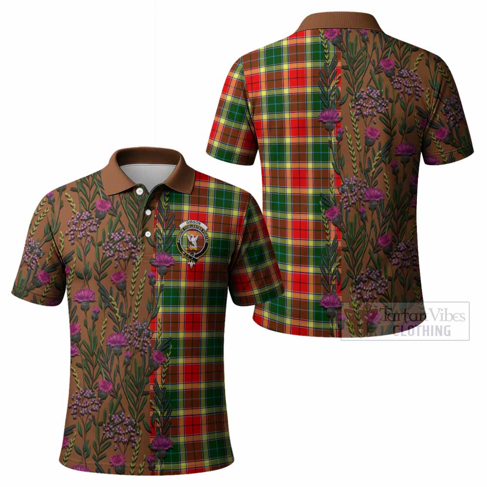 Gibson (Gibbs or Gibsone) Family Crest Tartan Polo Shirt Scottish Thistle Flower Pattern Half Style - Tartan Vibes Clothing