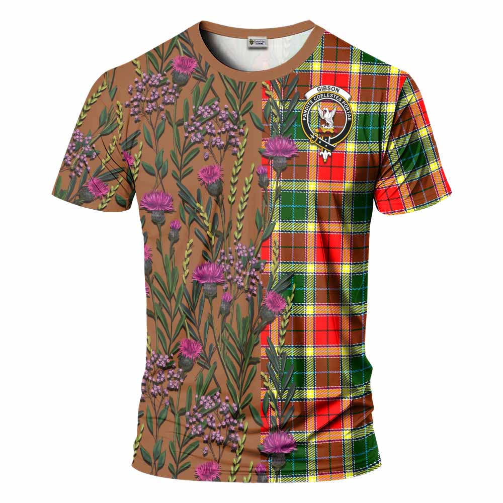 Gibson (Gibbs or Gibsone) Family Crest Tartan T-Shirt Scottish Thistle Flower Pattern Half Style - Tartan Vibes Clothing