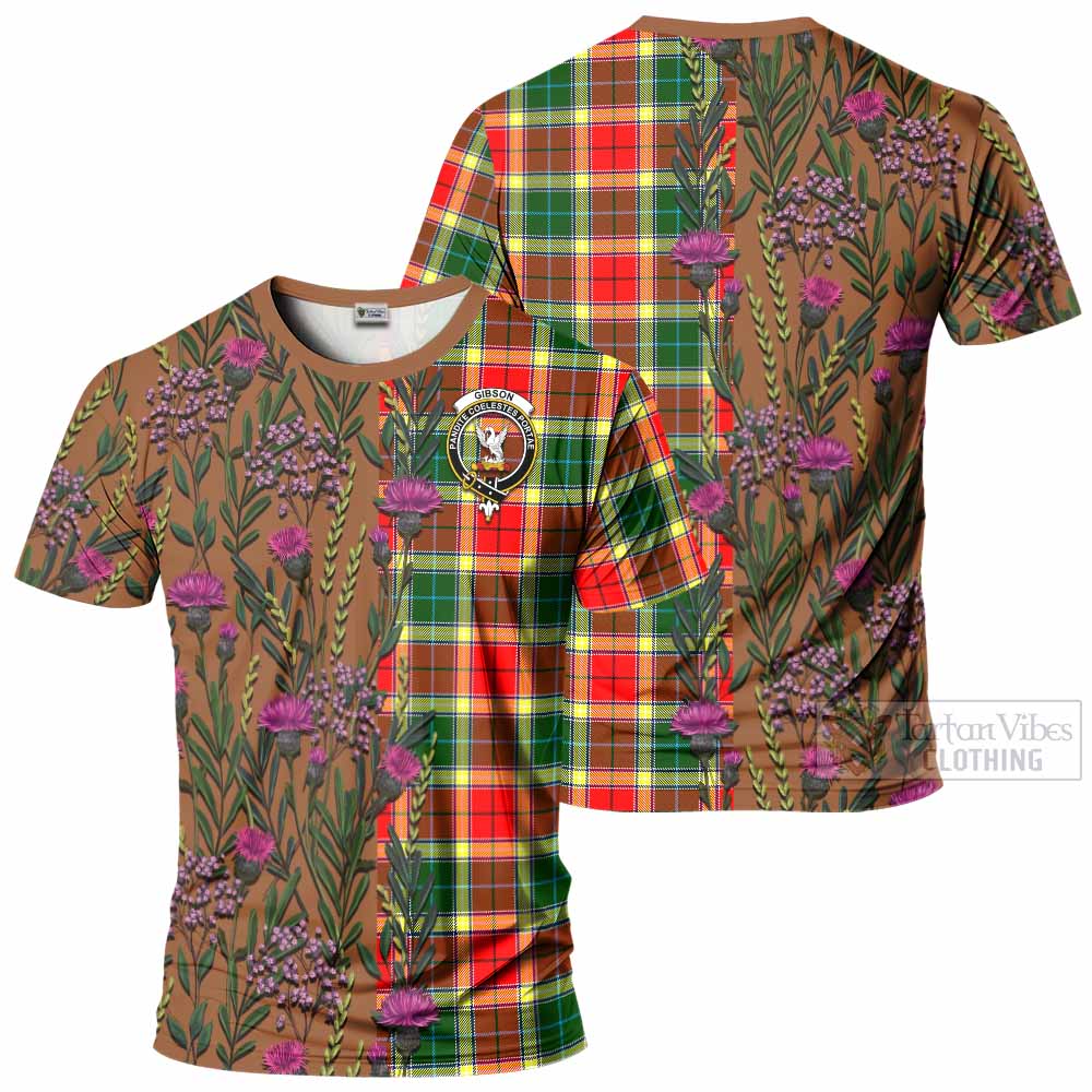 Gibson (Gibbs or Gibsone) Family Crest Tartan T-Shirt Scottish Thistle Flower Pattern Half Style - Tartan Vibes Clothing